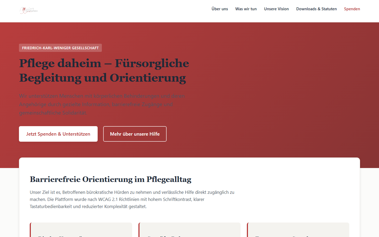 Accessible portal of the Friedrich-Karl-Weniger-Gesellschaft with clear contrasts and donation flow