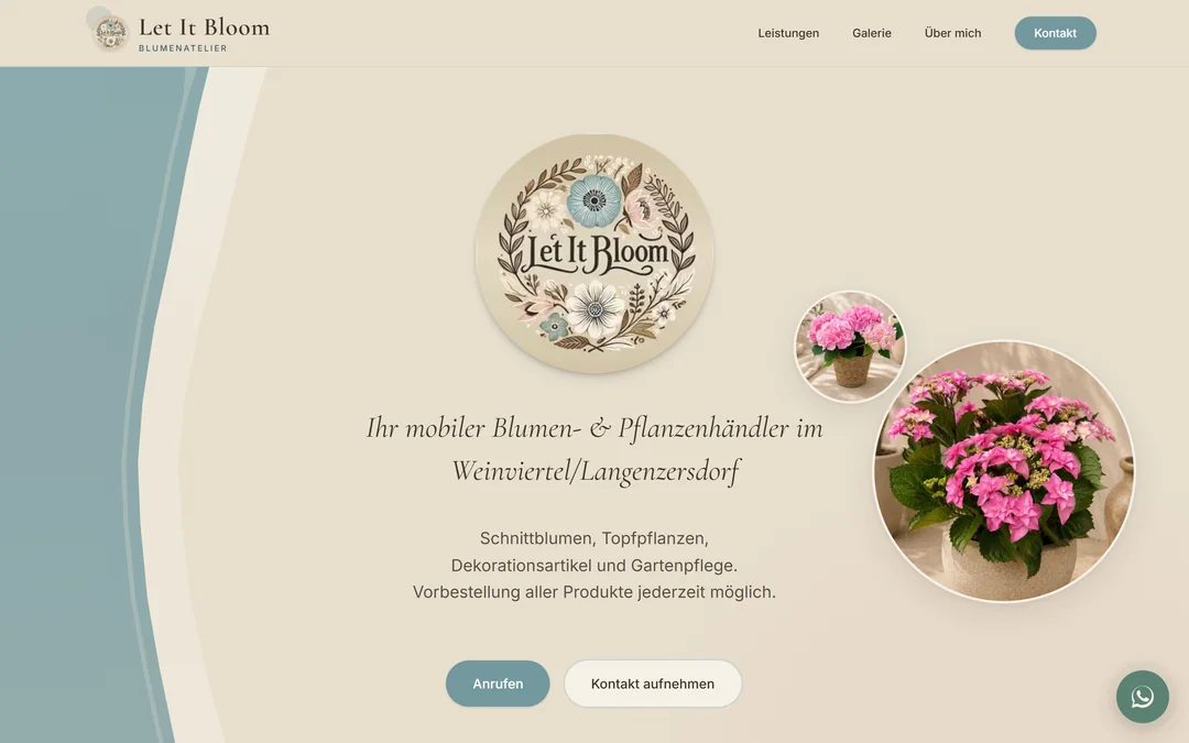 The Let It Bloom website with floral imagery and a warm, natural palette.