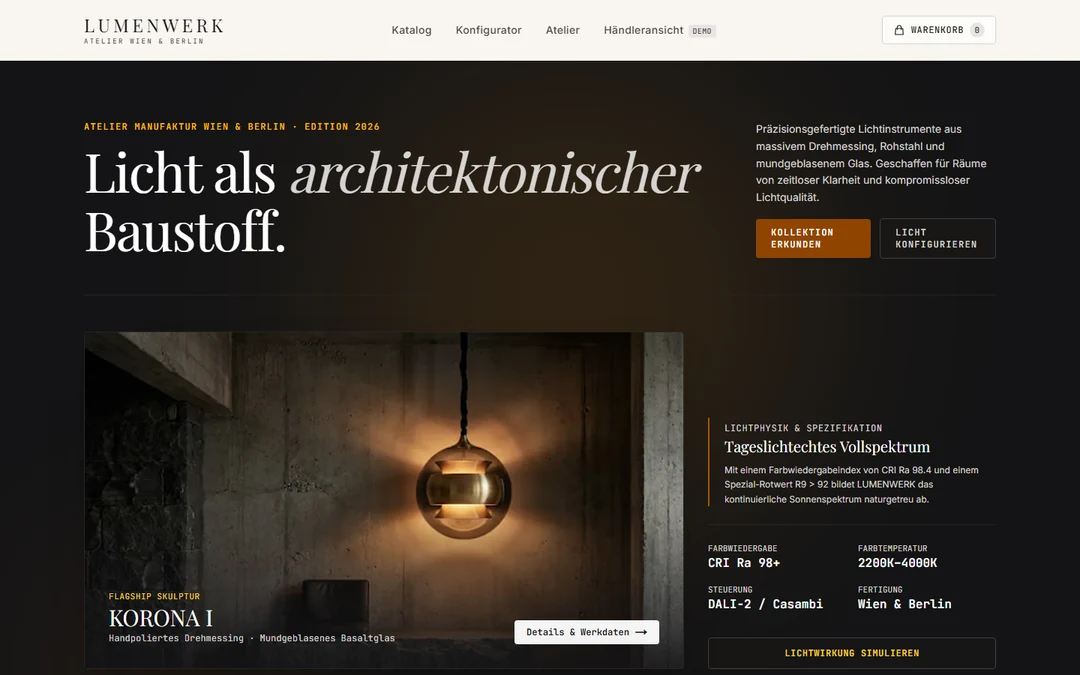LUMENWERK: a dark website with a golden spherical pendant light