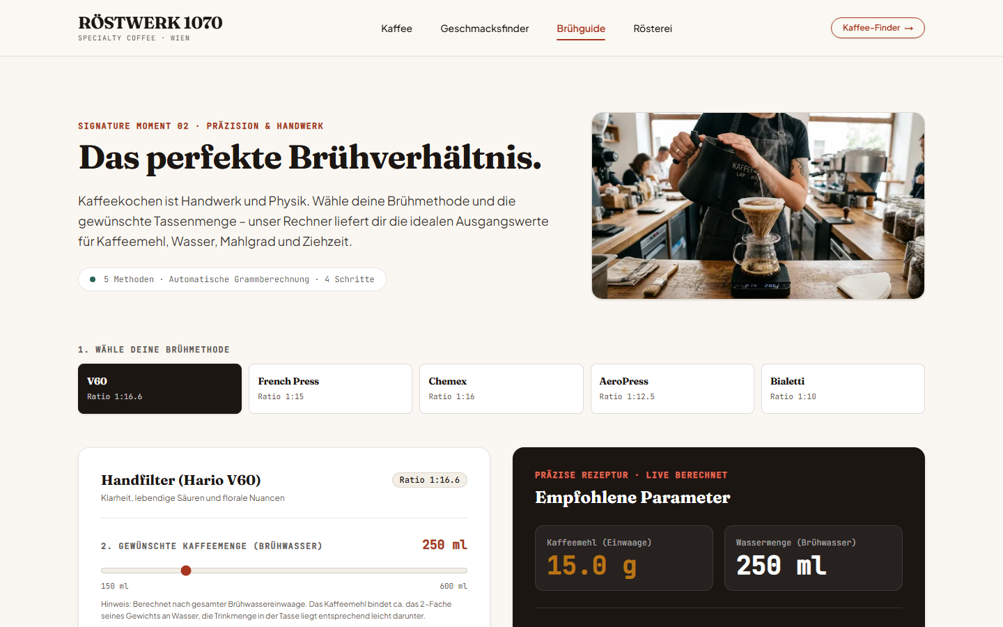 RÖSTWERK 1070 Interactive brew calculator for coffee ratio and water