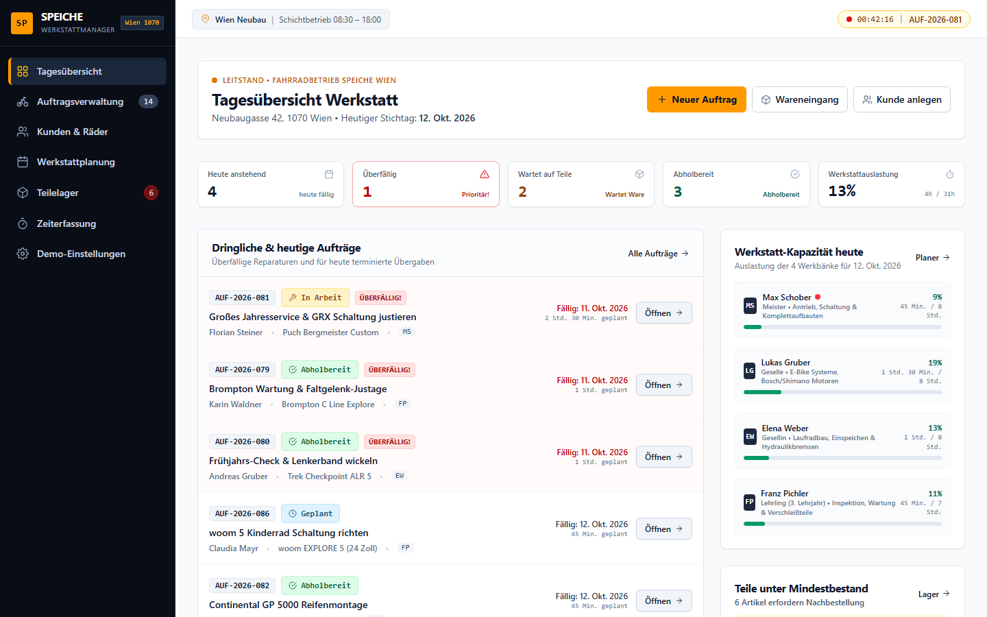 Operational interface of the SPEICHE workshop management app showing repair jobs and scheduling